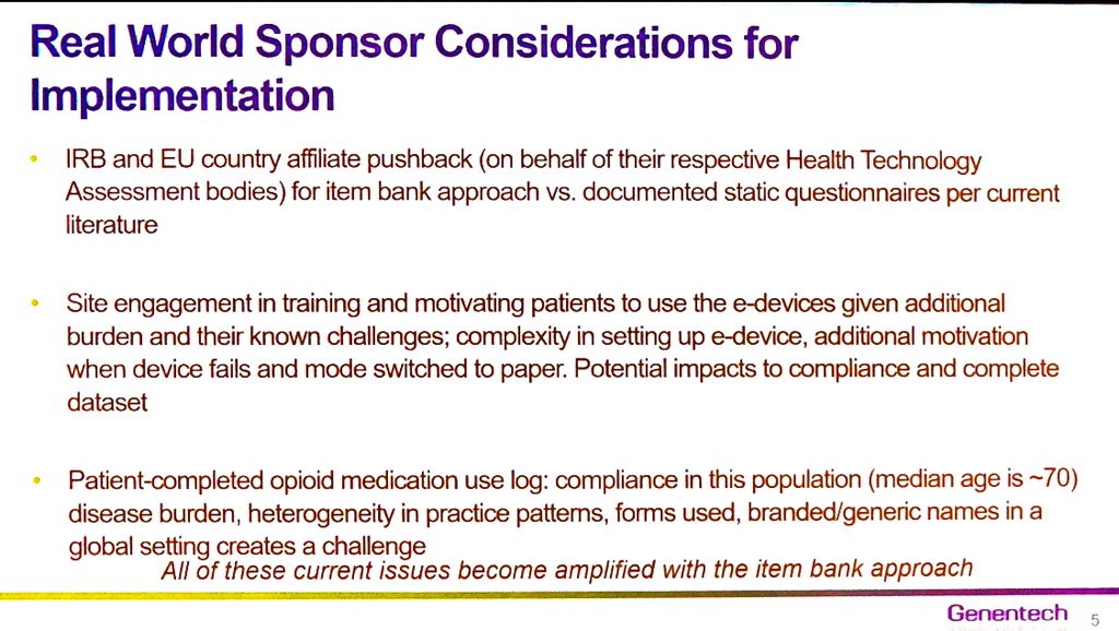 IshwariaMD's tweet photo. From Alicyn Campbell of @genentech: 2 VERY important slides for clinician investigators (and all stakeholders) on the hurdles that pharma must address as they consider and incorporate any PRO tools into sponsored trials #OCEOutcomes https://t.co/2id8FEnZj7