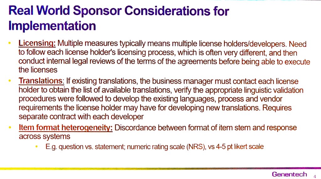 IshwariaMD's tweet photo. From Alicyn Campbell of @genentech: 2 VERY important slides for clinician investigators (and all stakeholders) on the hurdles that pharma must address as they consider and incorporate any PRO tools into sponsored trials #OCEOutcomes https://t.co/2id8FEnZj7