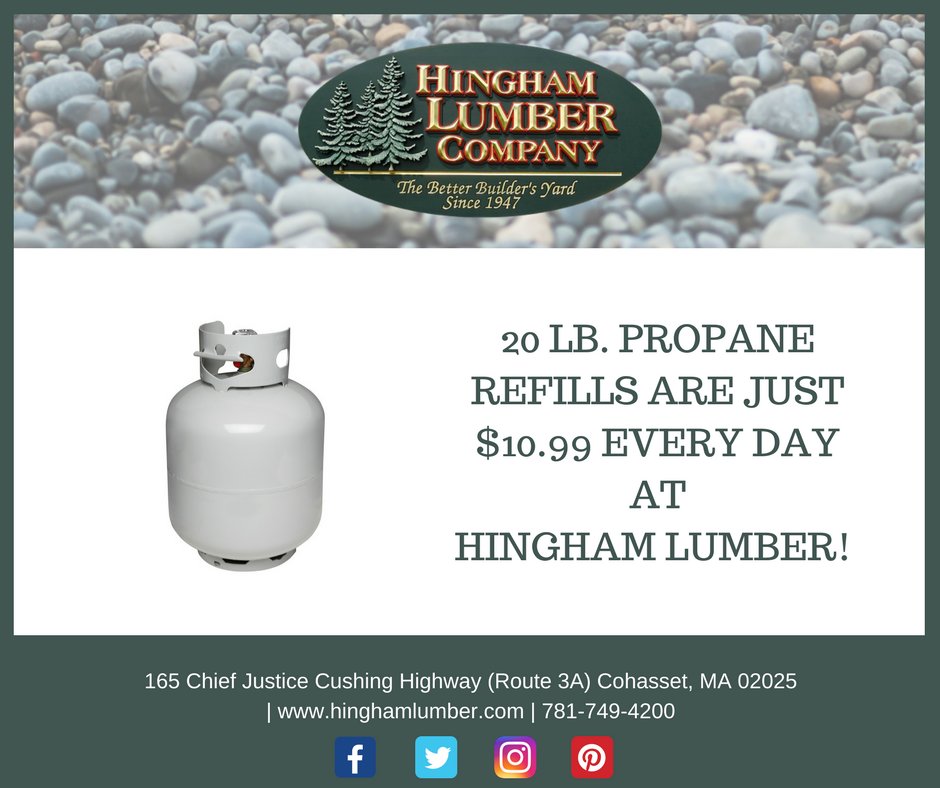 HinghamLumber's tweet photo. Make Hingham Lumber your first stop for propane. Refills on a 20LB. tank are just $10.99! #propane #propanerefill #bbq #southshore #cookout #hingham #cohasset https://t.co/eQYw7ZjfMA