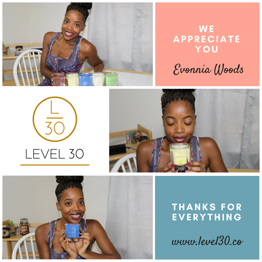 TryLEVEL30's tweet photo. Photo Feedback: LEVEL30 would like to thank Evonnia for joining the L30 family with her purchase of the Longevity Collection. If you would like to be recognized for your support, please send in a photo of your LEVEL30 experience.  #Candles #soycandles #Shopnow #fridayfeeling https://t.co/NyybjCgHAC