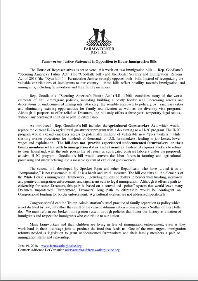 Call your representatives at 1-844-USA-0234 to urge them to vote “no” on Speaker Ryan's immigration bill.  Immigrants are essential to our agricultural system and it's important we let our elected officials know. Learn more about the bills below from <a href="/FarmwrkrJustice/">Farmworker Justice</a>