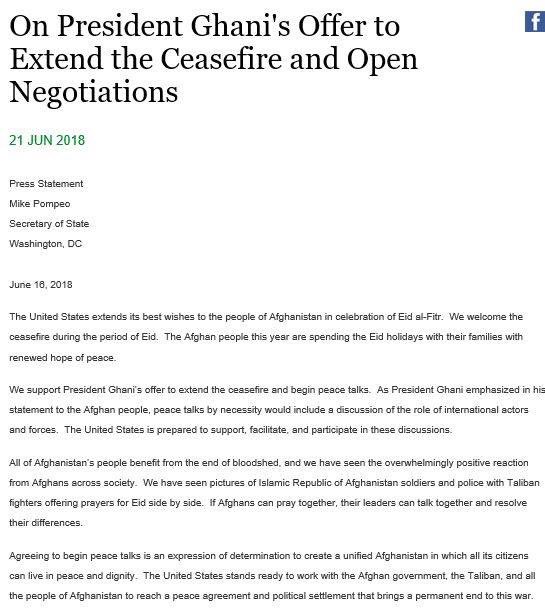 The U.S. @StateDept Sec. Mike Pompeo released a statement, June 16, in response to President @ashrafghani’s ceasefire extension. #ceasefire #afghanistan state.gov/secretary/rema…