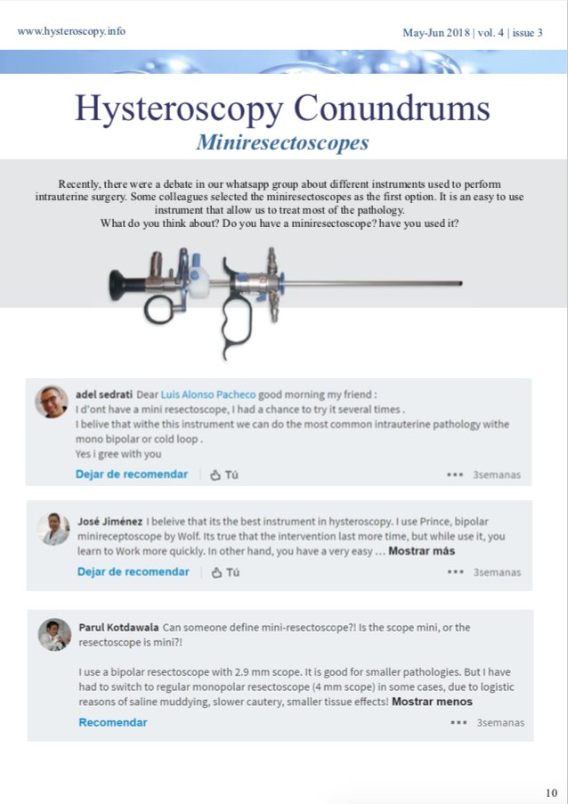 hysteronews's tweet photo. #Hysteroscopy #opinions
What do you think about #miniresectoscope?
Do you have a miniresectoscope? have you used it?
In the latest issue of Hysteroscopy Newsletter...
Free download: https://t.co/DMcLn3n7zQ https://t.co/t2fQ70w5Px