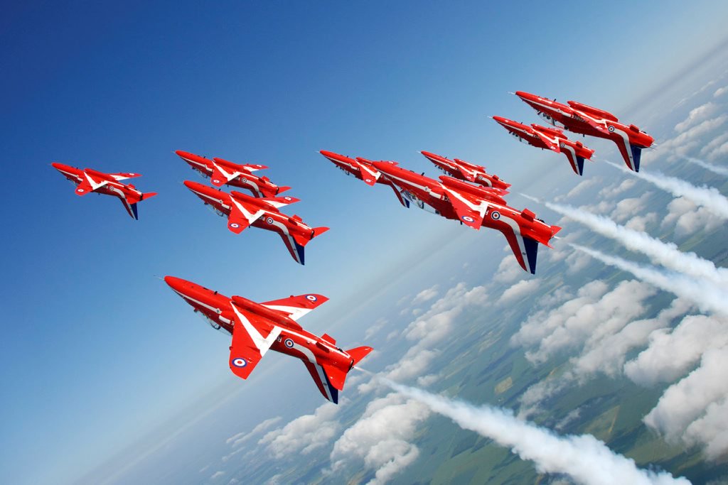 The Royal Air Force Aerobatic Team (RAFAT), "The Red Arrows" display over RAF Scampton, Lincoln.