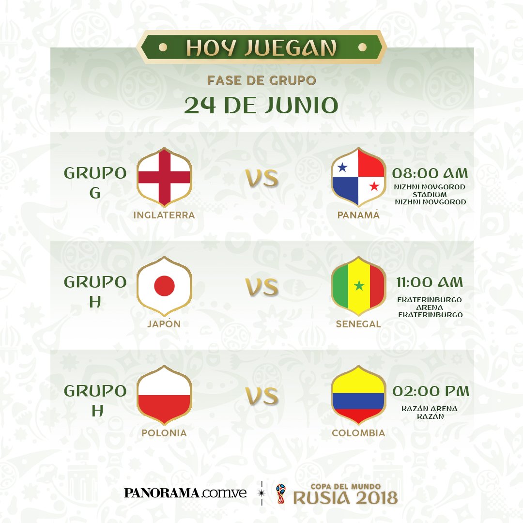 Diario Panorama on Twitter: "Sigue los partidos de este • domingo 24 de junio • en la Copa del Mundo #Rusia2018 | Hora Venezuela. - #MundialPanorama https://t.co/0LkTMSVy1i" Twitter