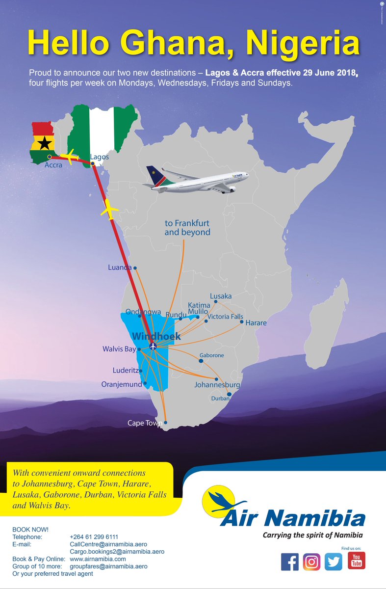 Effective 29th June. 2018 Air Namibia will in Ghana. The South of Africa will meet the West of Africa and its happening in just 7 days. Contact us on +233 243673913 or +233 501256247   #airnamibia #flynamibia #tourghana