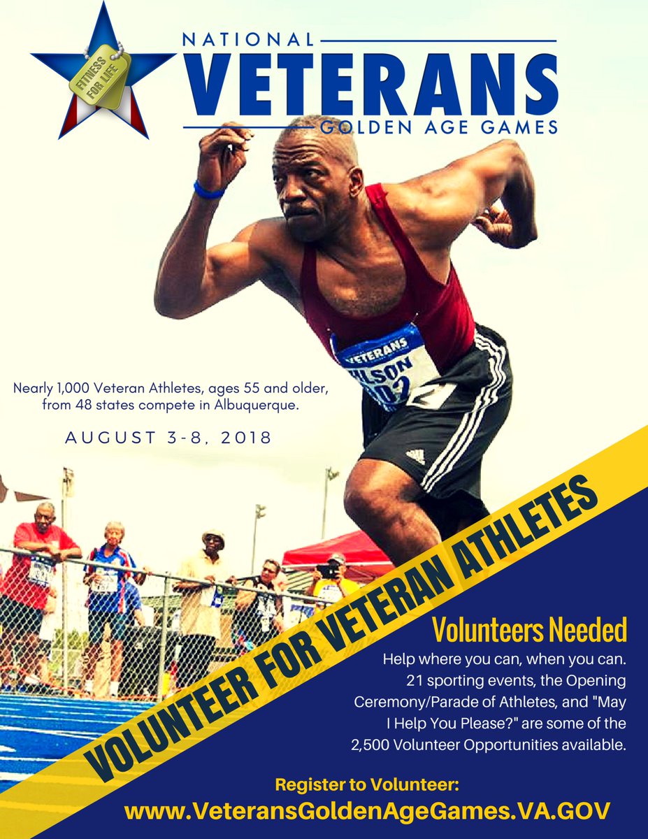 VANewMexico's tweet photo. @ewhitmore 
The National Veterans Golden Age Games are coming to Albuquerque this summer, August 3-8. We need volunteers to help make this event a huge success! To learn more and to register to volunteer, please go to https://t.co/G0bFaR8B8x  to register. https://t.co/bj0y6DgqOo