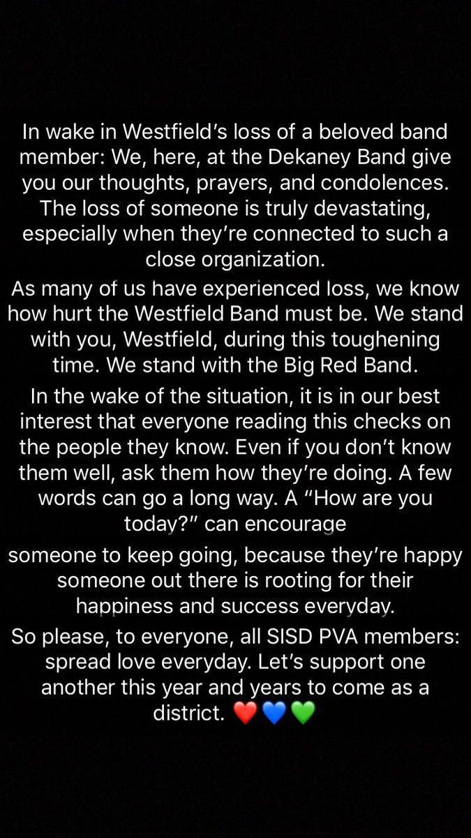 We stand with the <a href="/whs_bigredband/">Westfield Band</a> . We know you are hurting and we are here to support you. Allow the entire #SISDPVA student population to pick you up, love and support you. We wish that your member rests in peace. Let us all put our best efforts forward for him. 💚💙❤️