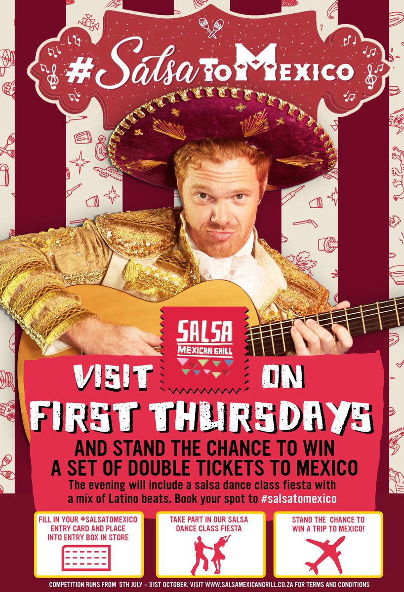 You can #SalsaToMexico with <a href="/SalsaMexGrill/">SalsaMexGrill</a> by taking part in their First Thursdays salsa dance fiesta classes! Enter &amp; stand a chance to win double tickets for you &amp; a partner to MEXICO! 🇲🇽💃✈️