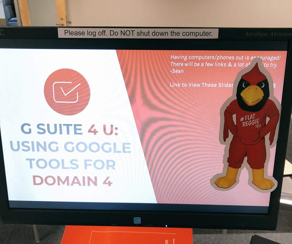 #FlatReggieISU is ready to help me present today at <a href="/educationISU/">Education at ISU</a> #NTConISU! 1:00, right across the hall from lunch! (McCormick 255). You'll get digital templates and Google stuff you can use tomorrow! Come say hello! 👋