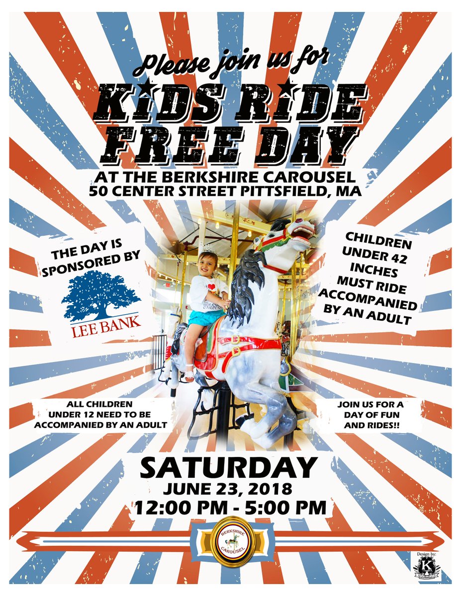 BerkCarousel's tweet image. Head to the carousel with the kiddies tomorrow Saturday 6/23/2018 from 12:00 noon – 5:00 PM at The Berkshire Carousel, located at 50 Center Street in Pittsfield. Kids will ride for free! sponsored by the very generous Lee Bank!!!