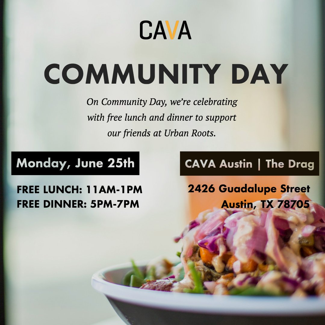 Schibel's tweet photo. Hey #Texas friends! If you're in #Austin on Monday 6/25 or have friends in the area let them know @cava is hosting a #community day with free meals from 11-1 and 5-7pm to at their first Texas location! I'll be there - come say hi! #Cava #Cavalife #travelwithmeaning https://t.co/0dYfrOGXXF