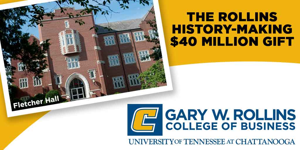 Thanks to the generosity of Gary W. Rollins &amp; Kathleen Rollins of Atlanta, we're proud to report the largest gift in the university's history, $40M, will go to the UTC College of Business. Today, the UT Trustees approved the name Gary W. Rollins College of Business. #UTCCOBNaming