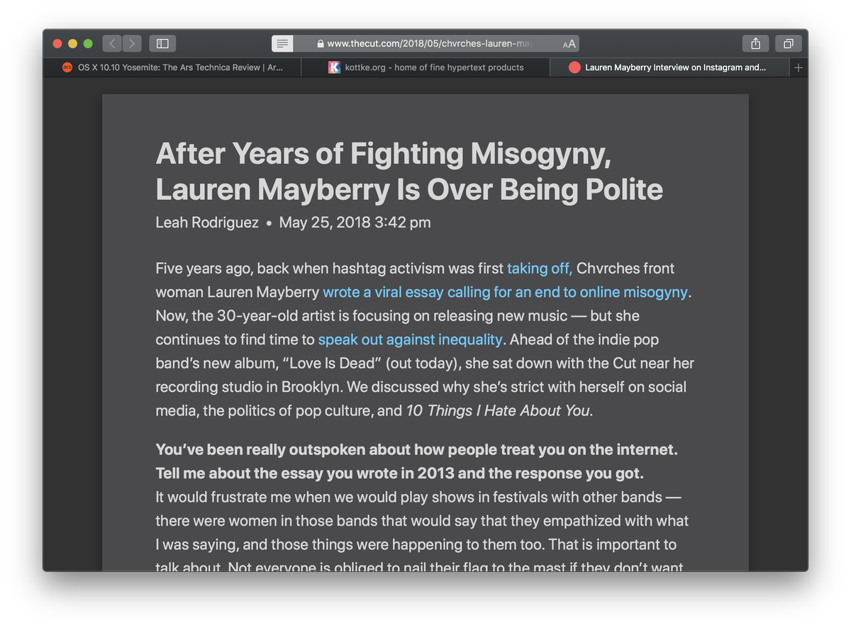 Safari Reader's gray theme in Safari 12.