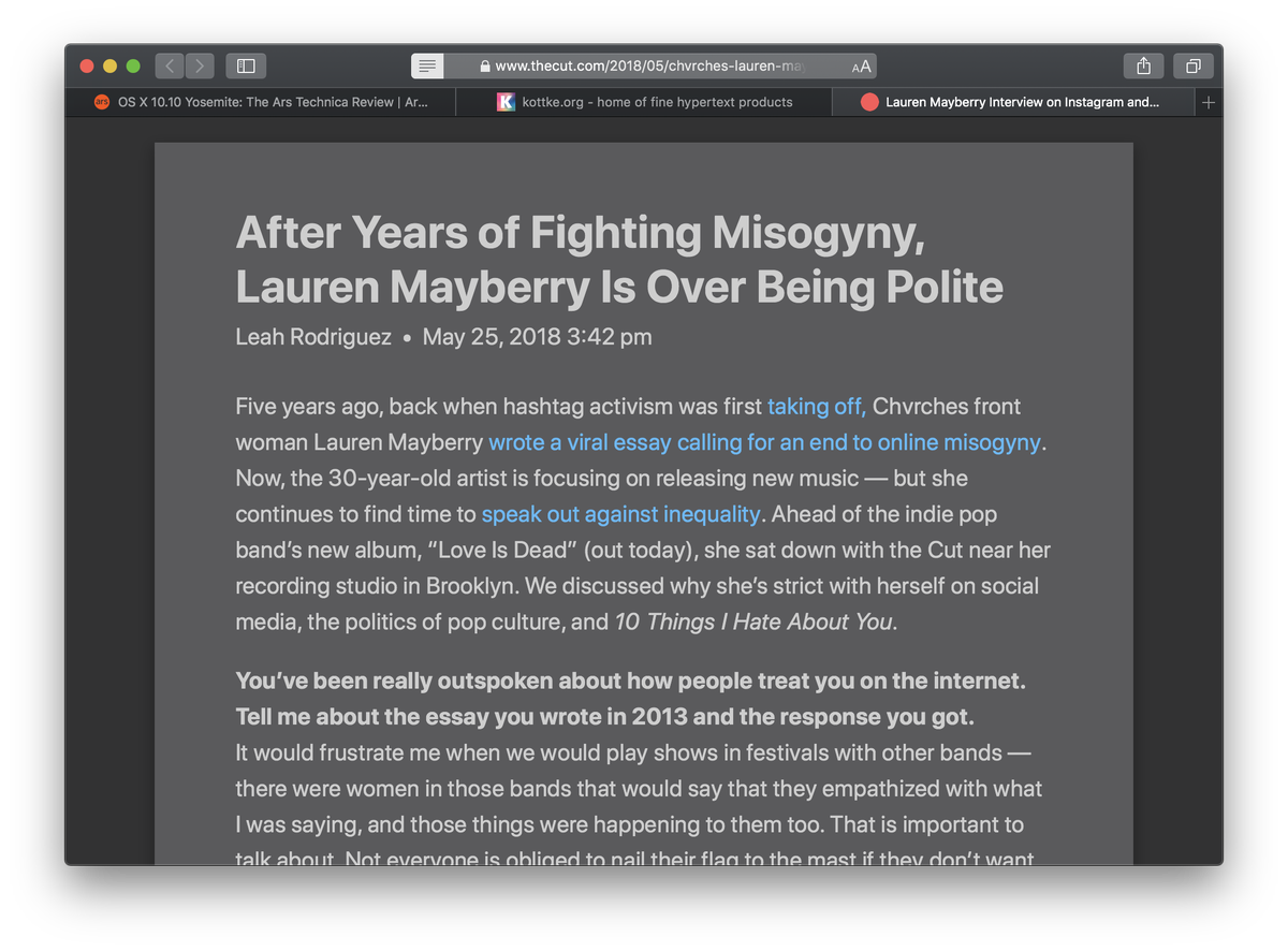 Safari Reader's gray theme before Safari 12.