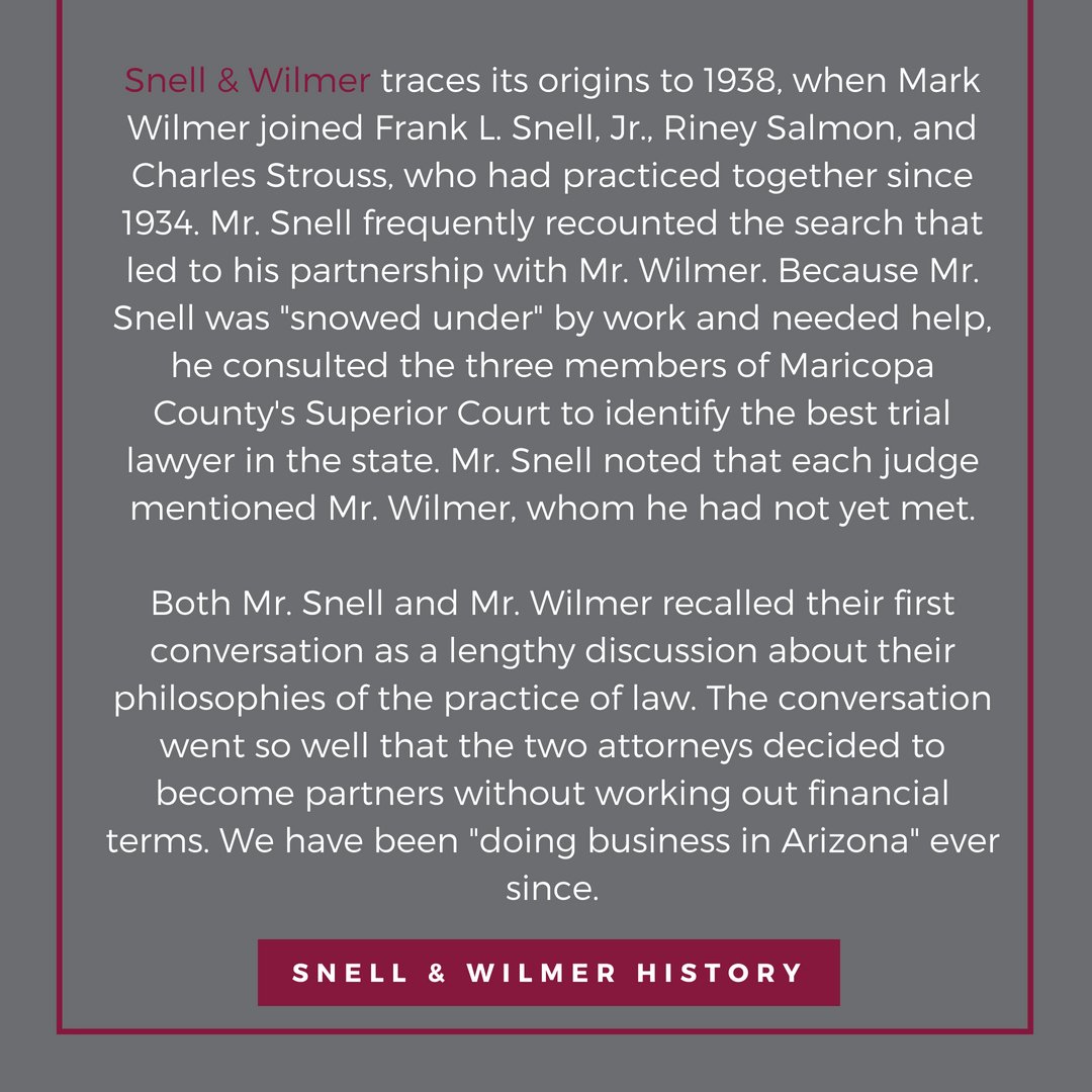 SWLawNews's tweet photo. Today, Snell &amp; Wilmer has grown to more than 400 attorneys practicing in 11 locations throughout the United States and Mexico. #FBF #FirmHistory #TheFirstMeeting https://t.co/11zwiGV054