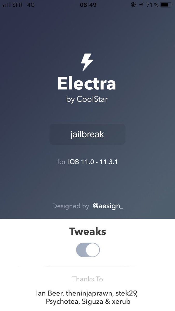 Yalujb's tweet image. Electra jailbreak for iOS 11.2-11.3.1 coming soon (concept). #Electra1131 #jailbreak