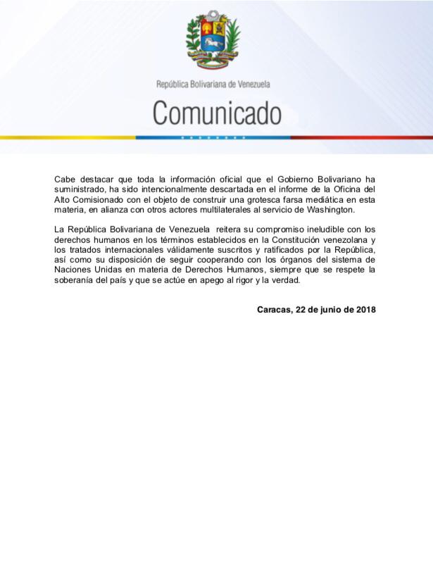 jaarreaza's tweet photo. Venezuela rechaza categóricamente el Informe sobre la supuesta situación de derechos humanos, publicado por la Oficina del Alto Comisionado para los Derechos Humanos de la ONU.  Una vez más se demuestra como esa Oficina se presta a la agresión y el bloqueo contra Venezuela. https://t.co/XoDo5ZNF1x