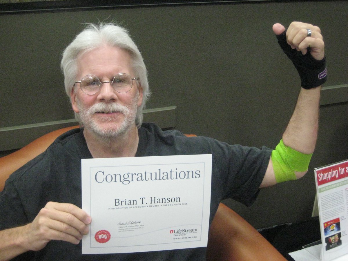 lifestreamblood's tweet photo. Brian Hanson looking good at 80 ...gallons of lifetime blood donations! We congratulate and thank you for your life saving donations! #bleadbyexample #givehope #givelife #giveblood https://t.co/XACbSU01x1