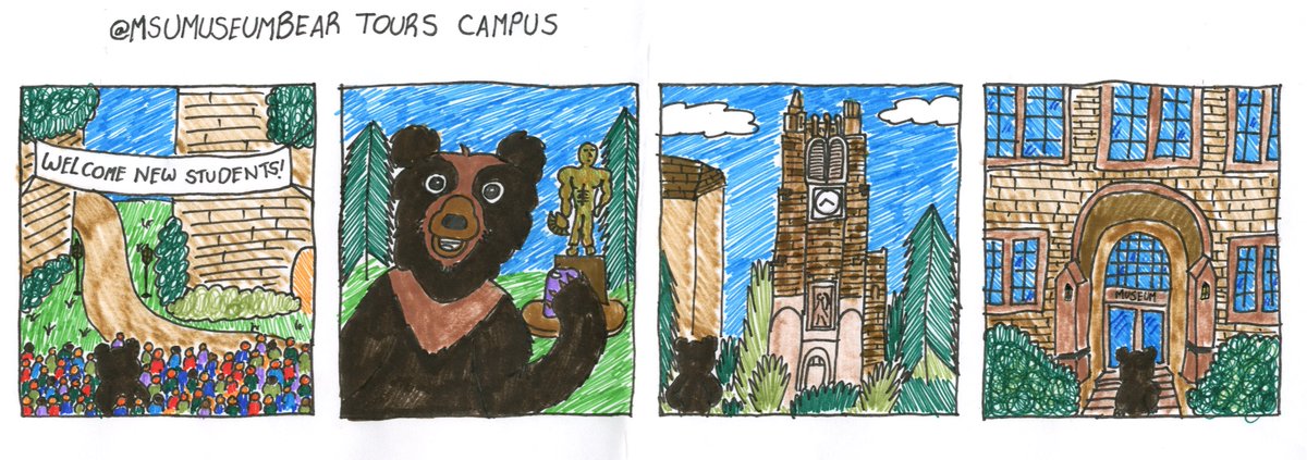 MSUMuseum's tweet photo. @MSUMuseumBear tours campus! Cartoon drawing from @MSUAOP in Case Hall! #msuaop #GoGreen https://t.co/KadTopnI3X