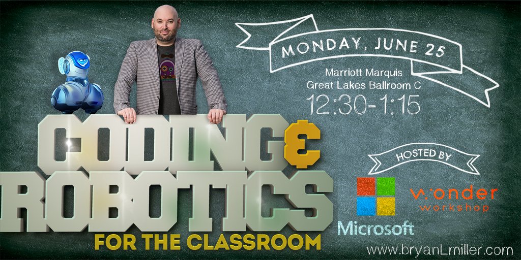 BryanLMiller's tweet photo. Heading to #ISTE2018 or #NotAtISTE18? Join me on Monday in person or Periscope at 12:30-1:15 to learn all about #coding & #robotics in the classroom! This must-see session is for any teacher or admin interested in integrating #CSforALL in the classroom #ISTE18 #edtech #edtechchat https://t.co/8hDNJ3PAAq