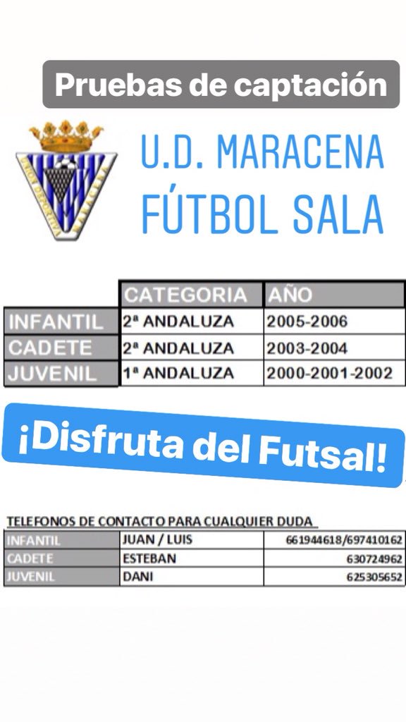 MaracenaFS's tweet photo. Volvemos a la carga en Maracena F.S.

⚽️¡Pruebas de captación en todas nuestras categorías!⚽️

Contacta con nuestros entrenadores y disfruta del Futsal con nosotros

#VAMOSMARACENA #EsteAñoSi https://t.co/Zgx0Kitrdb