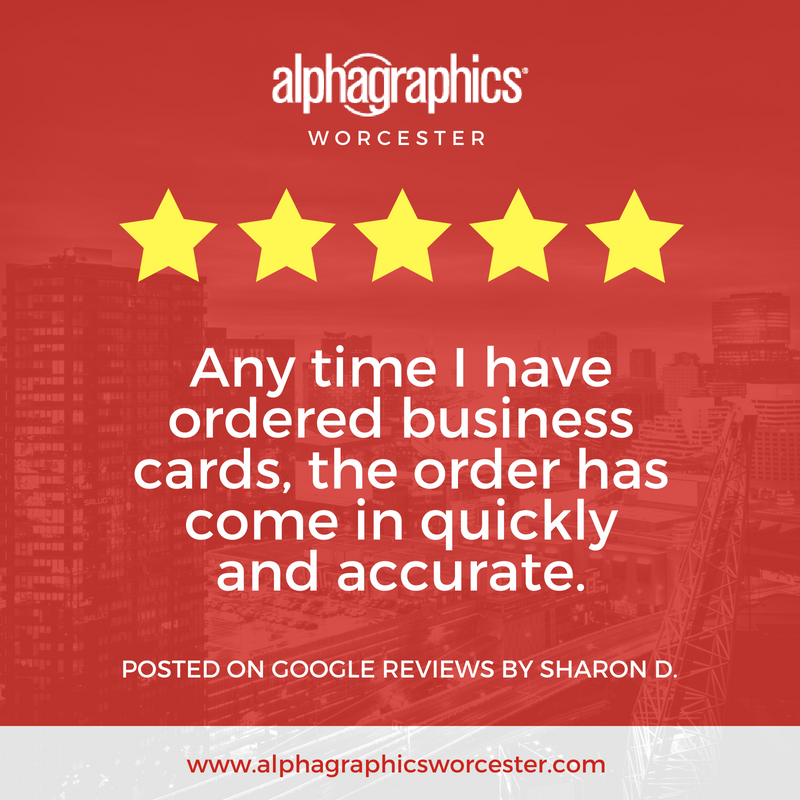 AlphagraphicsWM's tweet photo. Thank you for the 5 Star Rating on Google Reviews, Sharon! We are glad you like our business cards!  #AlphaGraphicsWorcester https://t.co/HlscIQp4hv