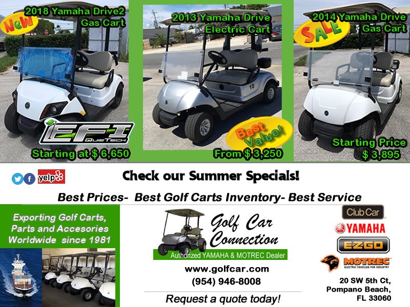 GolfCarConnect's tweet photo. Check out Summer Specials!! We have these carts available in stock in our Pompano Beach Showroom. Call for a test drive 954-946-8008 #golfcart #yamahacart #golfcarts #playgolf #electriccarts #gascarts #pompanobeach #florida #soflo https://t.co/lUjshbsz0o