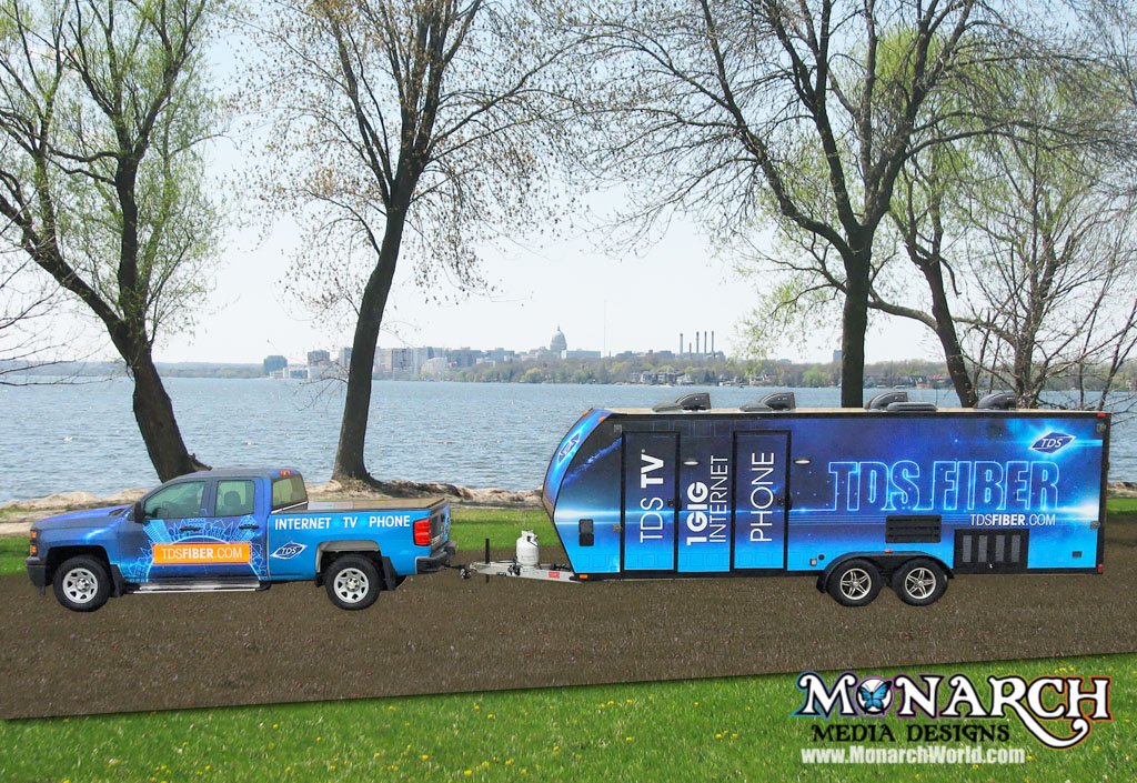 monarchmadison's tweet image. Check out this awesome truck and trailer wrap for TDS Telecom!  Full wrap on a truck and trailer cruising around to advertise for the new Fiber Optic that TDS is offering. #getwrapped #monarchwrapstars #trailerwraps #truckwraps