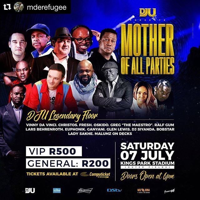 LarsLB's tweet photo. #Repost @mderefugee ・・・
#DJUMotherOfAllParties tickets are available @Computicket and party will be hosted @ KingsParkStadium on the 7th of July 2018 
@LarsLB
@VinnyDaVinci 
@DjGanyani 
@DJFreshSA 
@djchristossa 
@CassperNyovest
@PaulMdiniso 
@DJZinhle
@WozobonaEvents 
@Rock… https://t.co/ImiszCSnsV