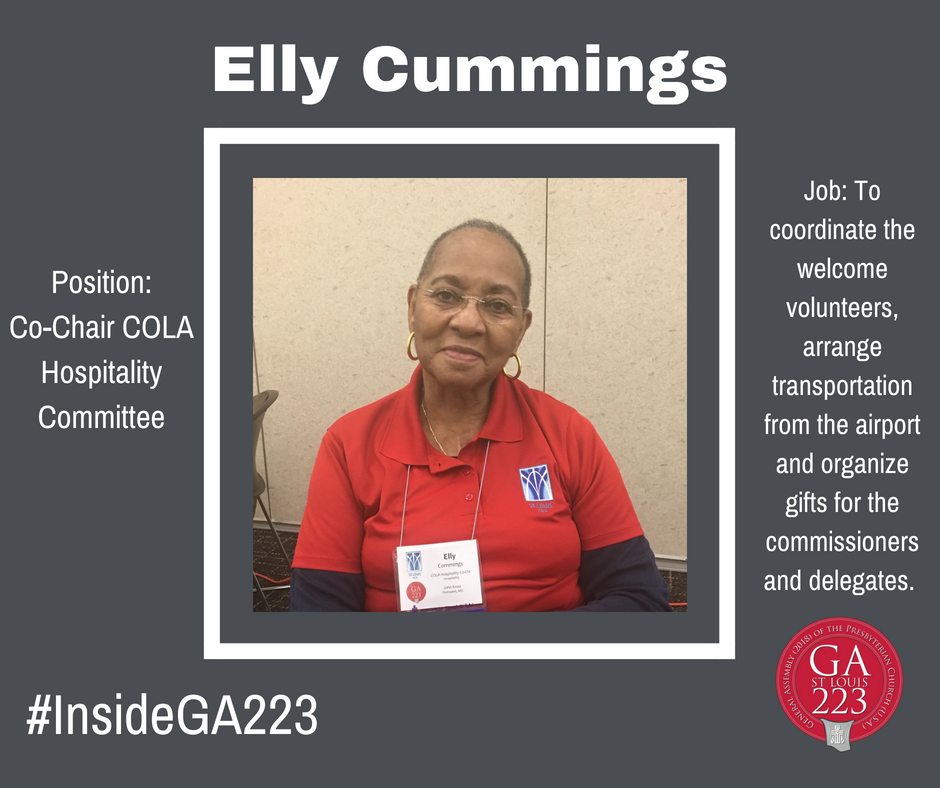 Presbyterian's tweet photo. Meet Elly, a member of the Committee On Local Arrangements! As the co-chair of the hospitality committee, Elly has been responsible for coordinating the welcome of our #GA223 volunteers, arranging transportation &amp; many many other jobs. Thank you for your gifts to the church Elly! https://t.co/N5TUZm6H6T