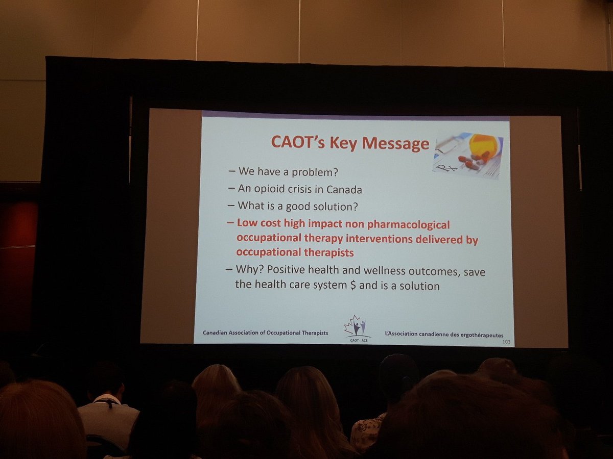 Dal_OT's tweet image. It is important that occupational therapists, as highly educated and regulated professionals, provide non-pharmocological interventions to address the opioid crisis - Havelin  Anand #CAOT2018