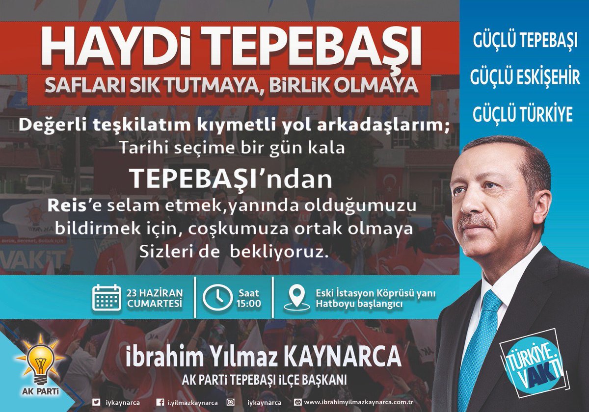 Fatih Özata (@avfatihozata) on Twitter photo Cumartesi ;
13:30 DEMOKRASİ KONVOYU
14:00 ODUNPAZARI DEMOKRASİ MİTİNGİ ( <a href="/vdvolkandogan/">Volkan Doğan</a> )
15:00 TEPEBAŞI MİTİNGİ ( <a href="/iykaynarca/">İ. Yılmaz Kaynarca</a> )
#Eskişehir <a href="/muratzcn26/">Murat Özcan</a> Cumartesi ;
13:30 DEMOKRASİ KONVOYU
14:00 ODUNPAZARI DEMOKRASİ MİTİNGİ ( <a href="/vdvolkandogan/">Volkan Doğan</a> )
15:00 TEPEBAŞI MİTİNGİ ( <a href="/iykaynarca/">İ. Yılmaz Kaynarca</a> )
#Eskişehir <a href="/muratzcn26/">Murat Özcan</a>