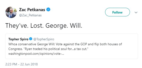 @Zac_Petkanas tweet reading, "They've. Lost. George. Will."