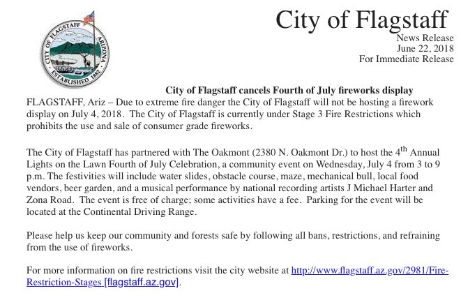 CoconinoNF's tweet photo. Flagstaff has canceled its Fourth of July fireworks display due to risk of fire danger.

Instead, the city has partnered with The Oakmont restaurant for its "Lights on the Lawn" event. https://t.co/FTEtzYn8p6 https://t.co/8qct5HYiGD