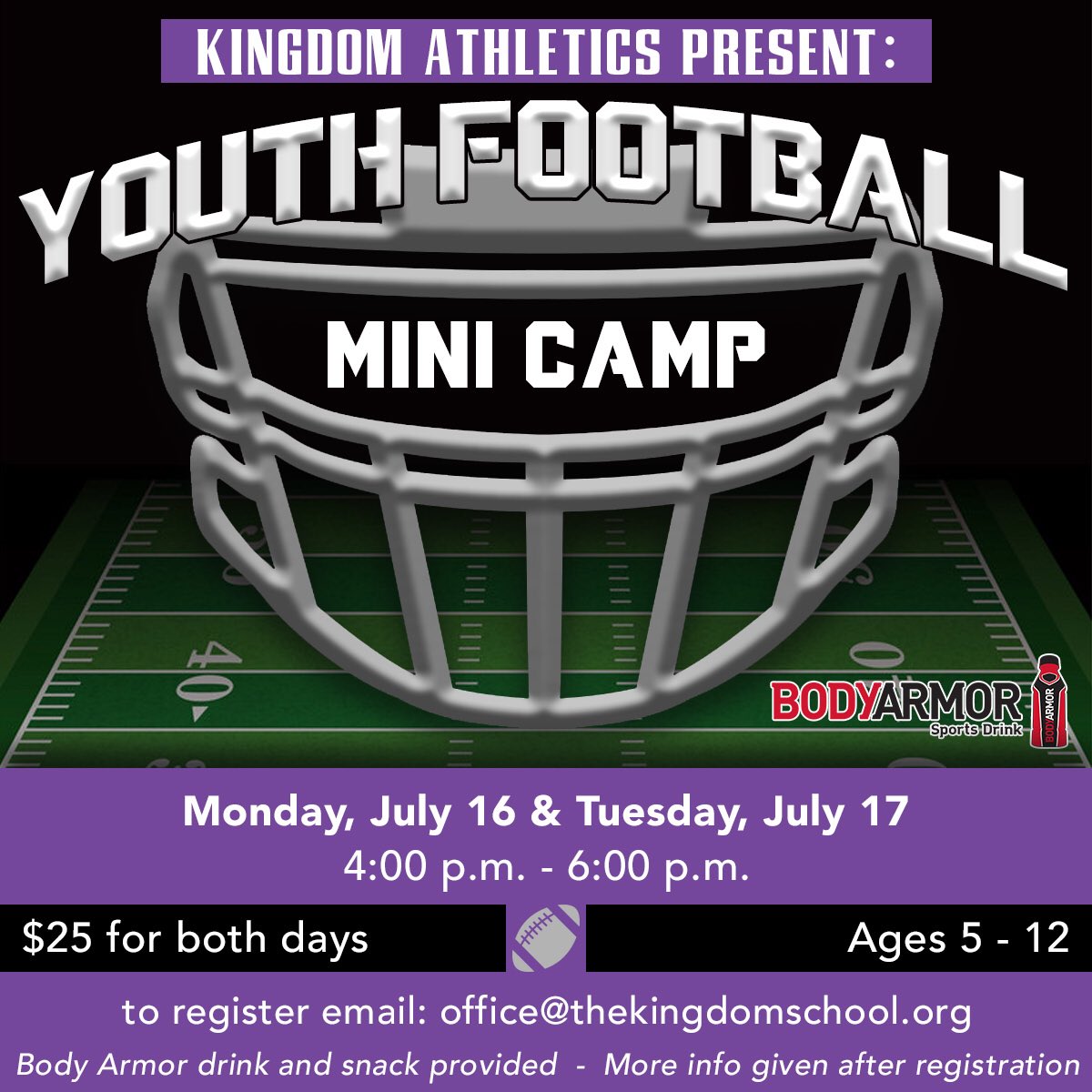 Don’t forget to register or share this with others that KPS is having their first youth football camp this summer for 2 days and only $25! Plus Body Armor sports drinks will be provided and a snack daily. #bringthereign #kpsfootball #crownsup #drinkbodyarmor #switch2bodyarmor