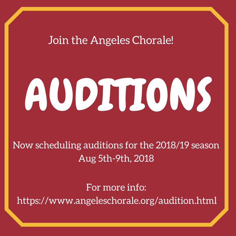 Looking to join a dynamic group of singers? Schedule an audition with the Angeles Chorale! We'd love to have you as a part of our family, and the 2018/19 season is going to be an exciting one!
angeleschorale.org/audition.html