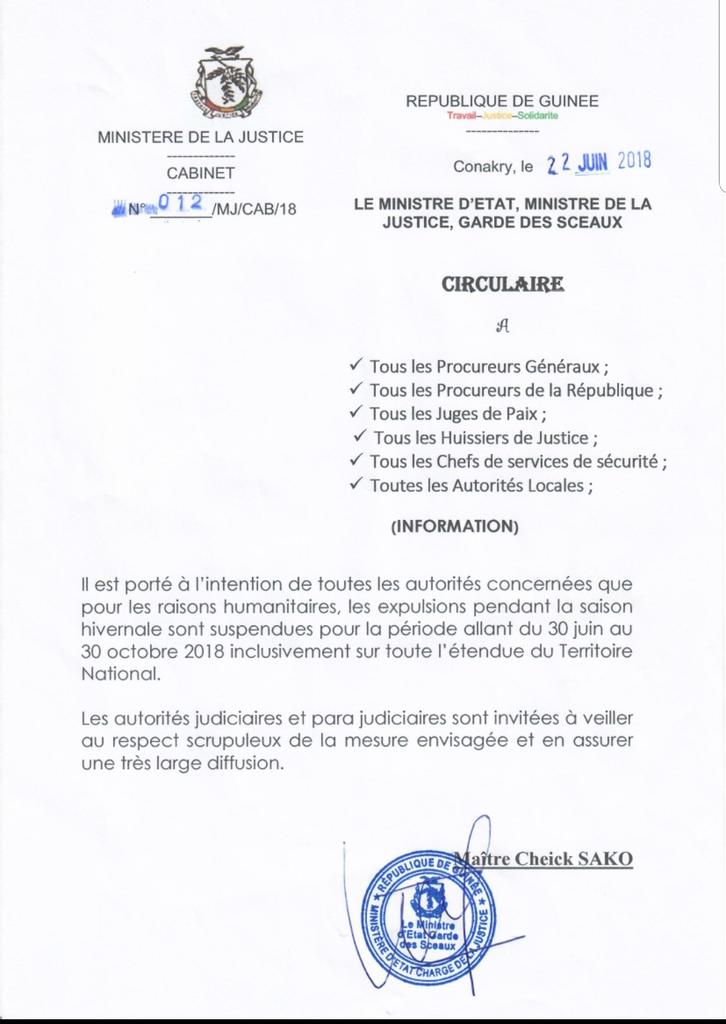 Circulaire du Ministre de la justice Guinée pour l'arrêt des exécutions des décisions de justice en saison hivernale.