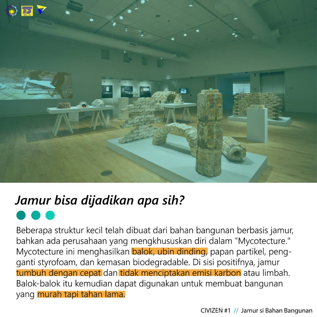 hmsits's tweet photo. [CITIZEN #1]

Halo CitiZen! Tahukah kamu bahwa jamur dapat dipergunakan sebagai bahan bangunan? Langsung aja simak penjelasan berikut ini! 

#CITIZEN
#HMSITS
#HMSSIMETRI
#ITSSURABAYA https://t.co/LGdG1s4cJz