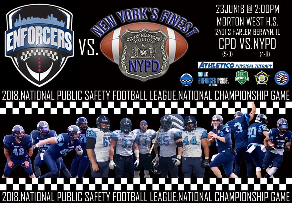 Chicago_Police's tweet image. TOMORROW! @CPDEnforcers vs @NYPDnews’ @FinestFootball for the @NPSFL National Championship football game. 

Saturday, June 23rd at 2pm
JS Morton HS West Stadium
2400 S Home Ave, Berwyn, IL

Not only a great time, but a great way to support local First Responder charities!