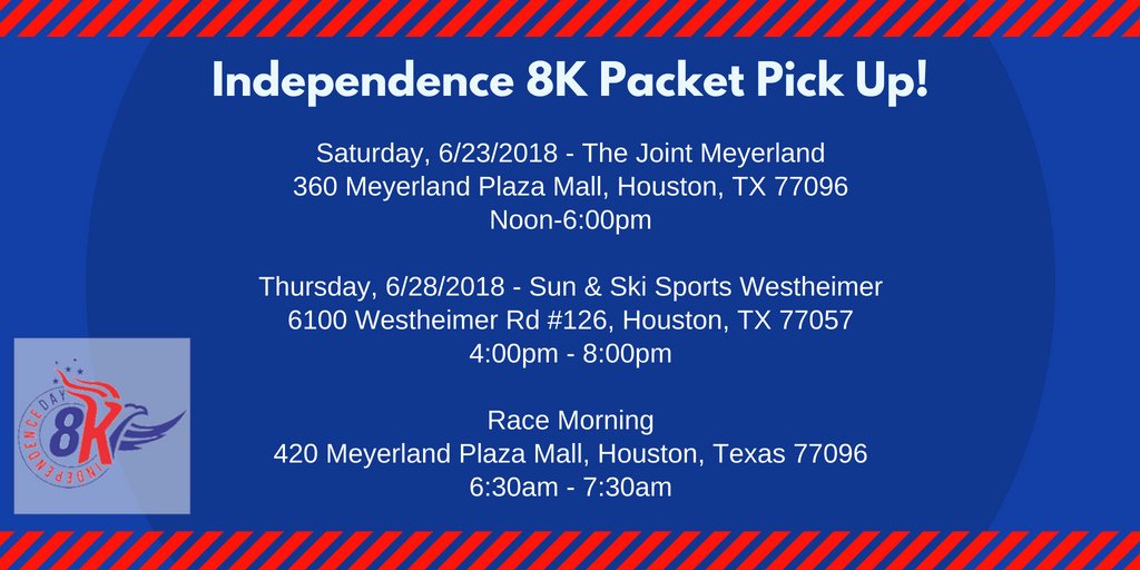 Independence8k's tweet photo. Running Houston's #Independence8K next Saturday?  Get your Packet before race day to avoid the lines.  See you this Saturday at @Joint_Meyerland. https://t.co/T3yRlLUVGG