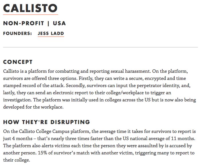 SkollFoundation's tweet photo. .@Callisto made the #Disrupt100 list of the world's most disruptive companies! 

"On Callisto's platform, the average time it takes for survivors to report is just 4 months – that’s nearly three times faster than the US national average." https://t.co/rtPnorAXoj https://t.co/149j00USmM