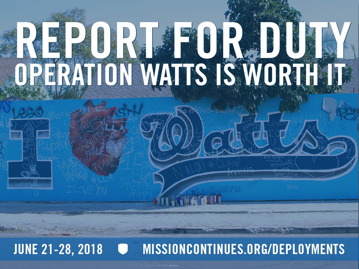 JTodayLewis's tweet photo. .@missioncontinue is #ReportingForDuty with 80 vets &amp; servicemembers to Los Angeles for an intense week of service with Operation #WattsIsWorthIt. Join us: https://t.co/IUV5aIR6vi https://t.co/TBEC1tAo7H