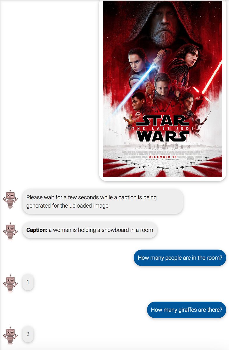 Image: Star wars poster with like 10 people on it.
Caption: a woman is holding a snowboard in a room.
Me: How many people are in the room?
Bot: 1
Me: How many giraffes are there?
Bot: 2