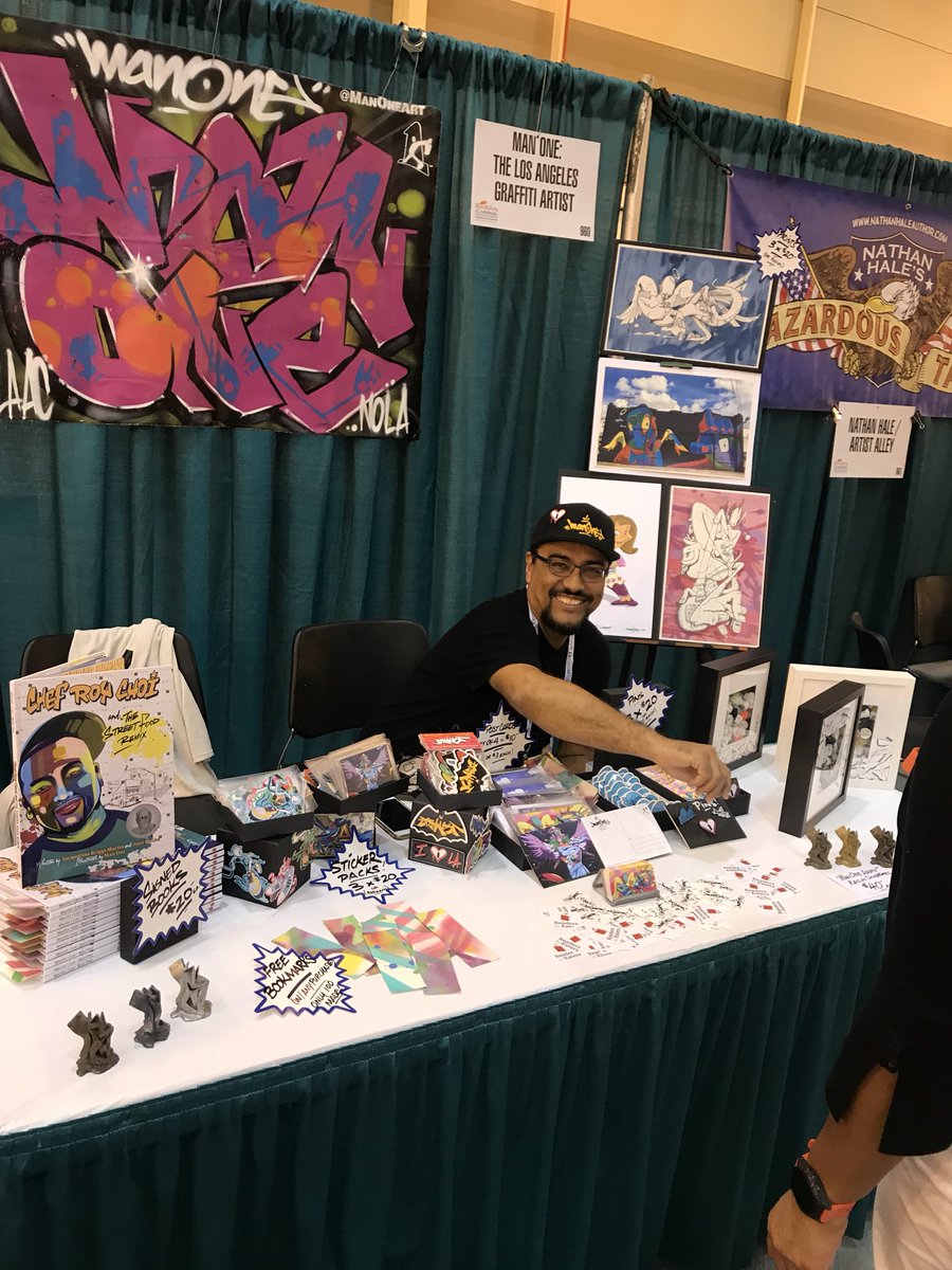 BaldwinHills's tweet photo. Look who we found at #ALAAC18, it’s our favorite graffiti artist .@ManOneArt! #LAPLSteam https://t.co/trjuIcPiSl