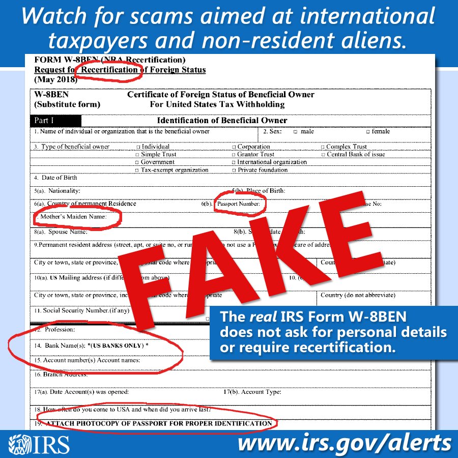 IRSnews's tweet image. W-8BEN is a real #IRS form, but criminals use a phony version to steal passport numbers and PIN codes. Form W-8BEN doesn’t ask for that and is submitted only through a withholding agent. go.usa.gov/xQQGh