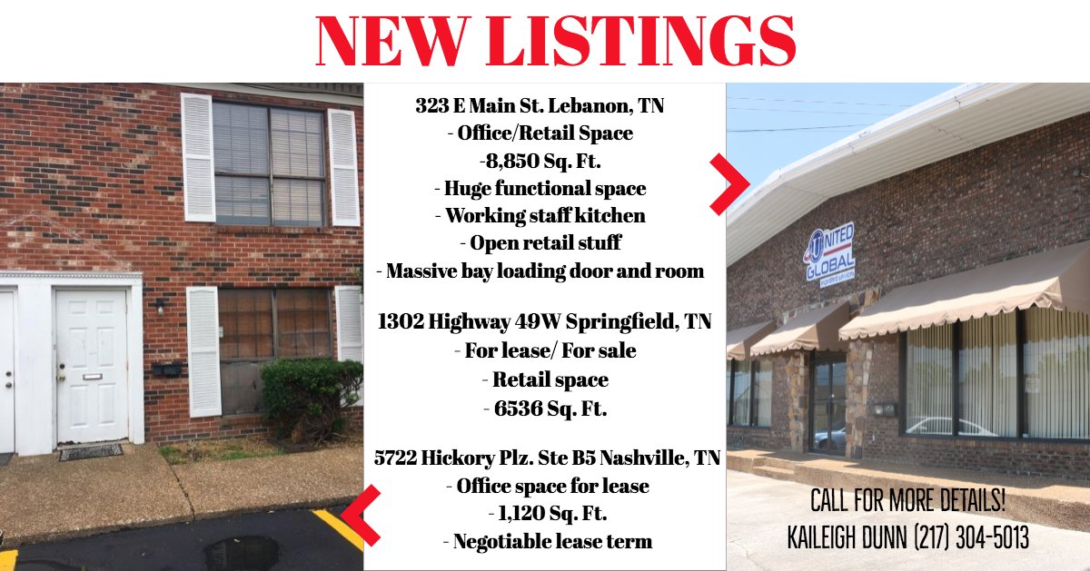 DunnCommGroup's tweet photo. NEW LISTINGS! Are you interested or know someone interested in purchasing, leasing or investing in commercial properties? Give us a call at 217-304-5013! #CommercialRealEstate #NashvilleCRE #DCGCommittedtoCommunity https://t.co/dMogx1UoaD