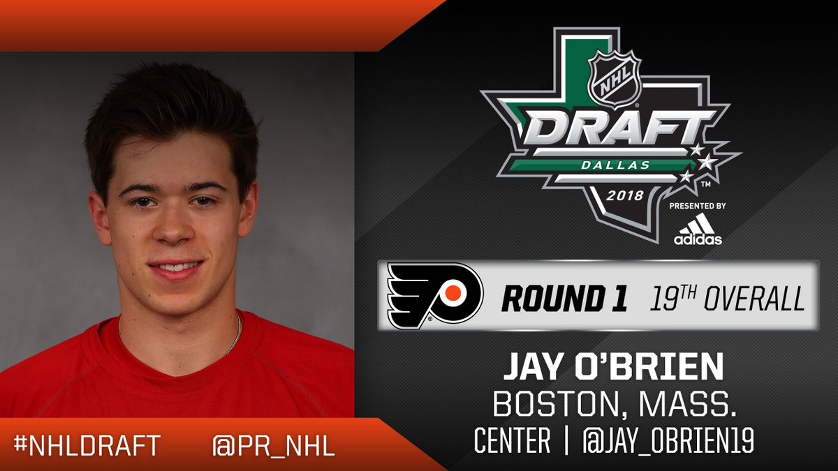 NHLPR's tweet photo. 19th overall: Jay O’Brien to the @NHLFlyers

@Jay_OBrien19 was awarded USHS All-USA Hockey Player of the Year honors after averaging more than two points per game with Thayer Academy. #NHLDraft https://t.co/txeDvVu1C3