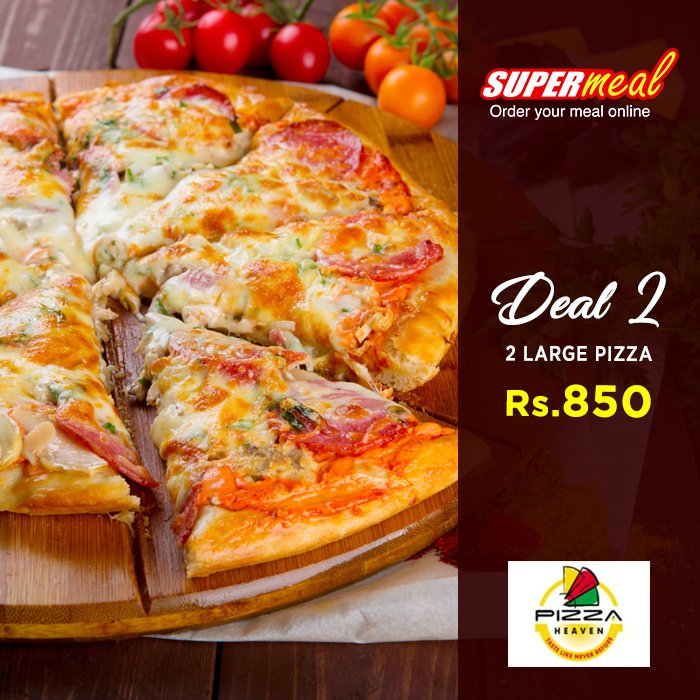 Order 2 Large Pizza. just for Rs. 850 from #PizzaHeaven

Order Now: buff.ly/2tvVEpf or Call 021 111 775 775

For instant help contact our support team via Live Chat:buff.ly/2JvlfWt

#SupermealPK #Karachi #Deals #Discounts