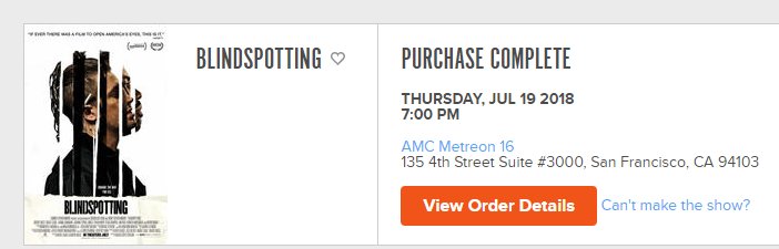 DanReginato's tweet photo. Got my tickets to #blindspotting. Come support #indiefilms and celebrate Bay Area art! Been following @RafaelCasal and @DaveedDiggs for a bit and I am beyond excited to see their work hit the big screen. Let's sell out these shows #bayarea #film #morescreens https://t.co/80sihglUbj